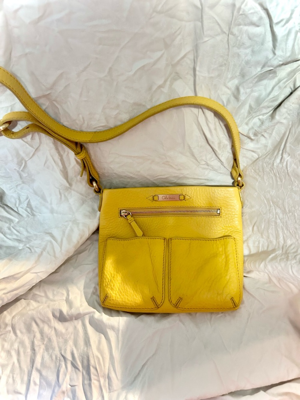Cole Haan Yellow Pebbled Leather Crossbody Bag Purse Adjustable Strap